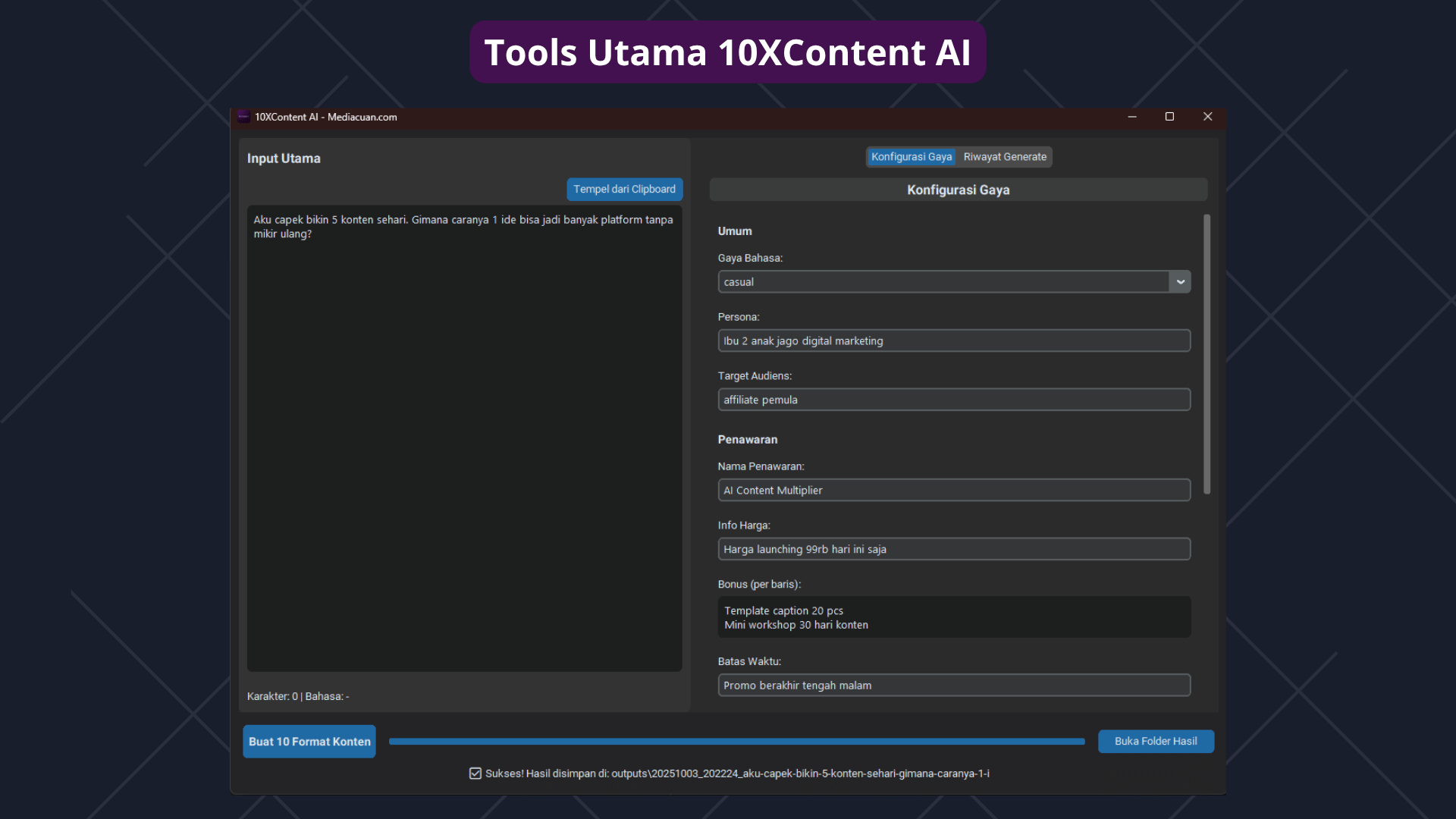 Dashboard 10XContent AI