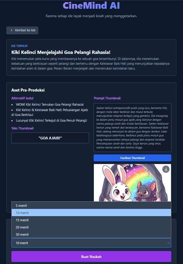 Tampilan thumbnail, judul dan durasi di Cinemind AI