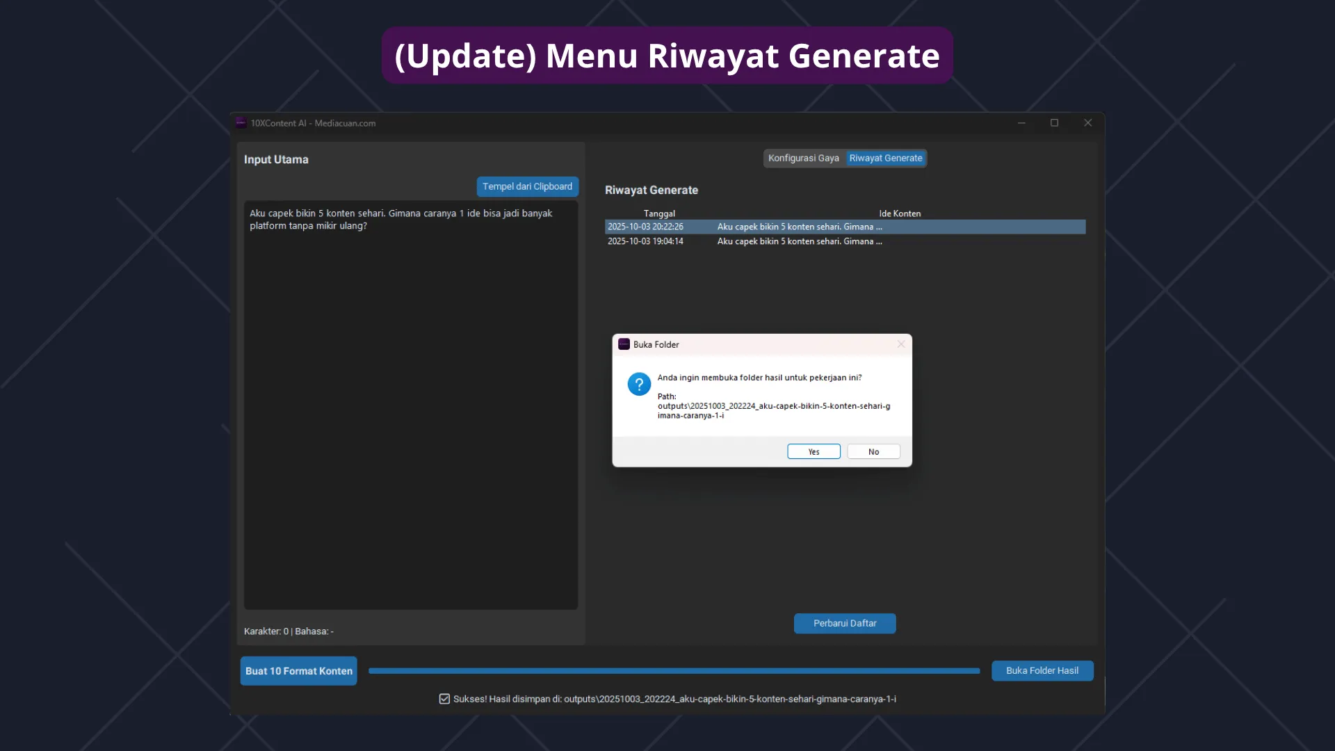 Riwayat Generate 10XContent AI