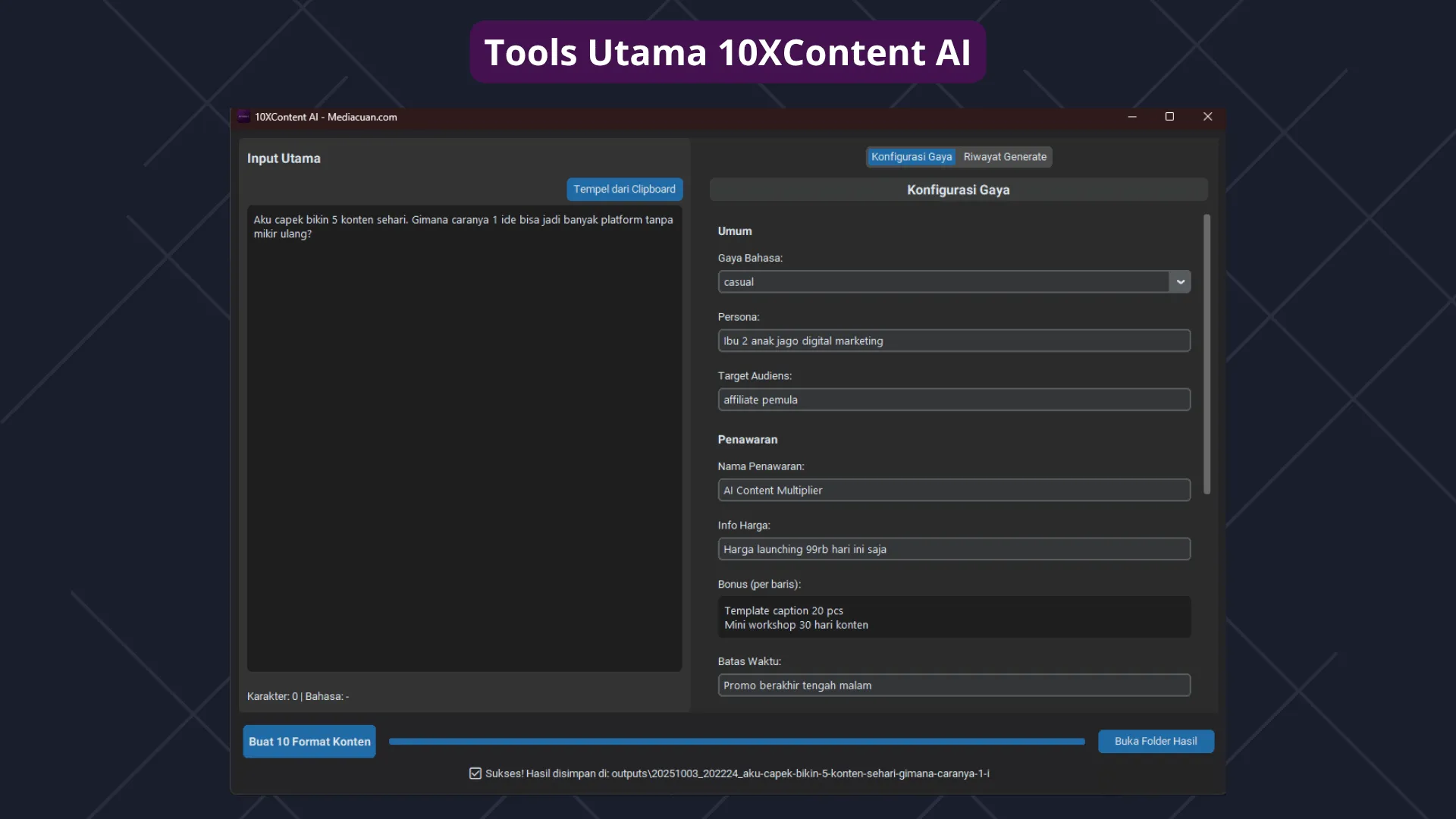 Dashboard 10XContent AI