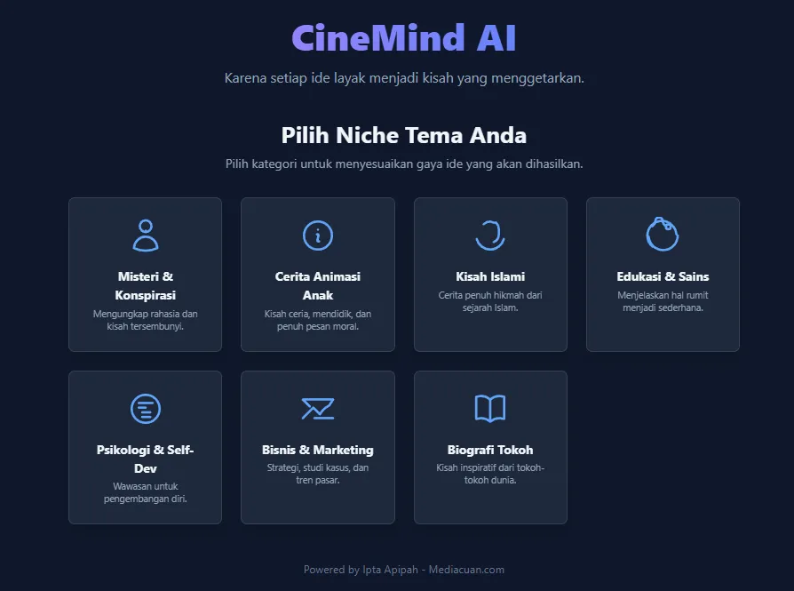 Tampilan pilihan niche di Cinemind AI