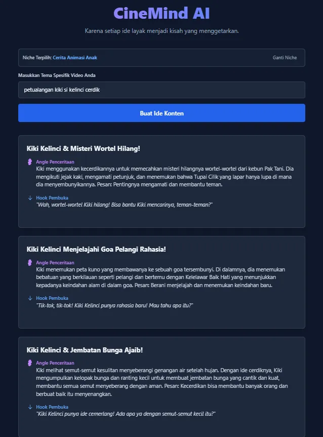 Tampilan hasil 3 ide konten dari Cinemind AI