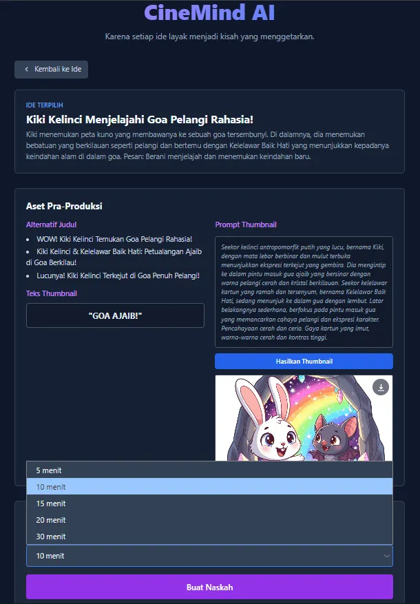 Tampilan thumbnail, judul dan durasi di Cinemind AI