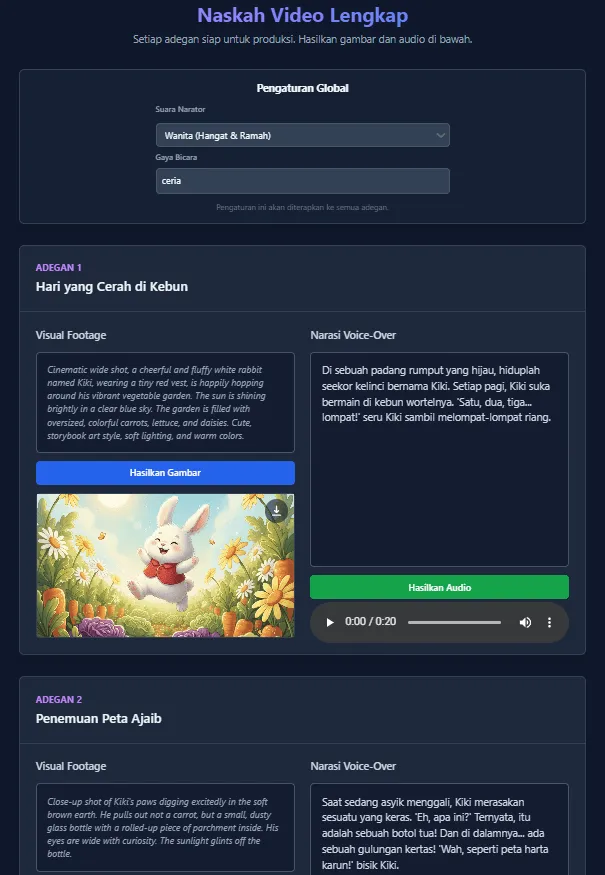 Tampilan scene builder lengkap Cinemind AI