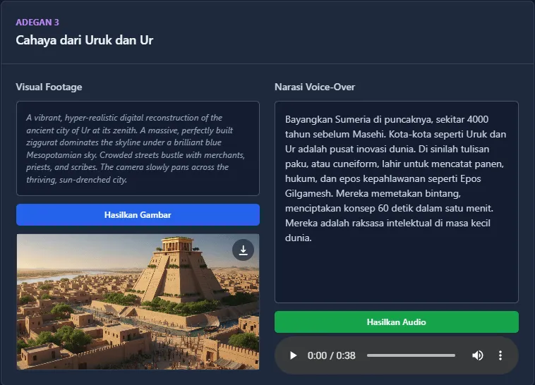 Contoh footage dan voice-over dari Cinemind AI